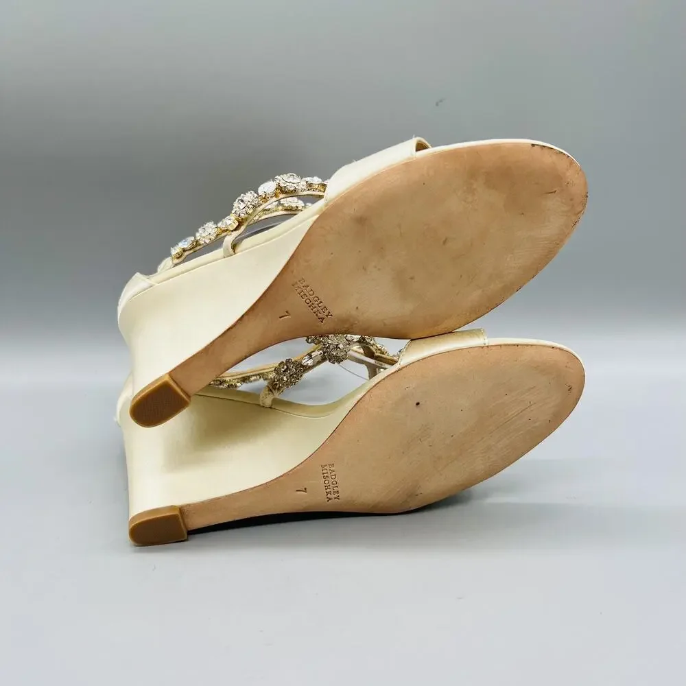 Badgley Mischka Sandals Womens 7 White Satin Bridal Rhinestone Ankle Wedge Shoes